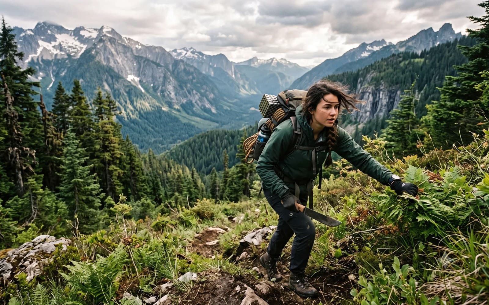 Una giovane escursionista con lo zaino si apre la strada fuori dal sentiero, tra la vegetazione di montagna